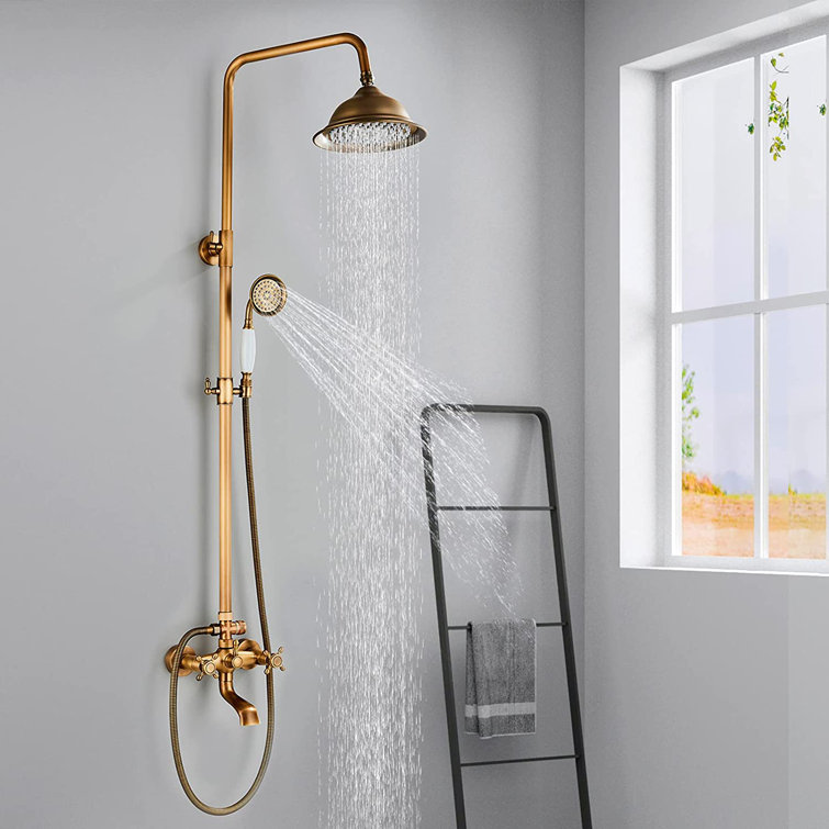 AlenArtWater Antique Brass Shower System Bathroom Shower Faucet Set with 8 Inch Shower Head Handheld Spray and 360 Rotation Tub Spout 2 Cross Handles Outdoor Shower Fixtures Reviews Wayfair